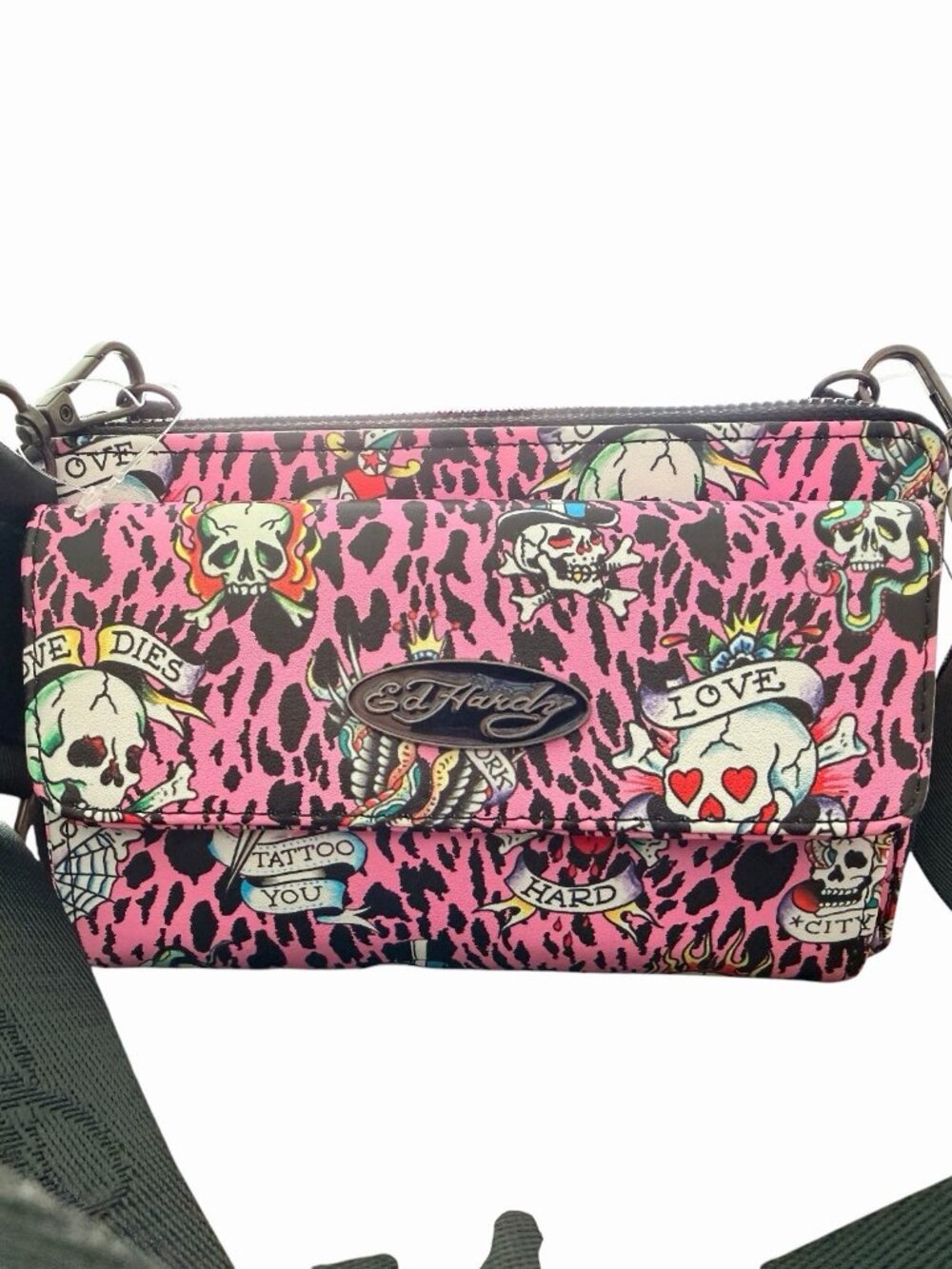 Ed Hardy Double Zip Crossbody / Wristlet -  Pink & Black - Skulls. 7.5” x 5” NWT